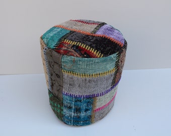 Handmade Overdyed Kilim Pouf Cover, Patchwork Ottoman, 18x18 Inches