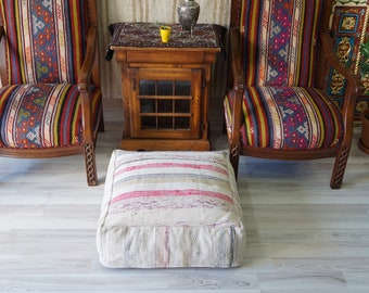 Handwoven Cotton Kilim Pouf Cover - Square Boho Ottoman Floor Seat