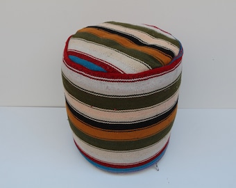 Handmade Kilim Pouf Cover, Turkish Ottoman, Wool & Cotton, 18x18 Inches