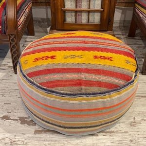 colorful vintage handmade kilim rug ottoman pouf bohemian eclectic tribal decor round ottoman foot stool natural hand spine wool