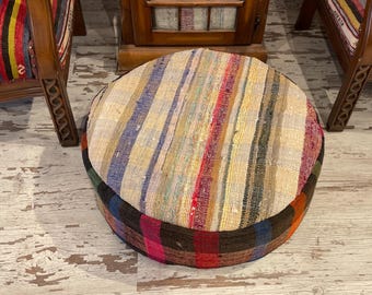 Handmade Kilim Pouf Ottoman - 24x24x10 Inch Wool & Cotton Floor Pillow