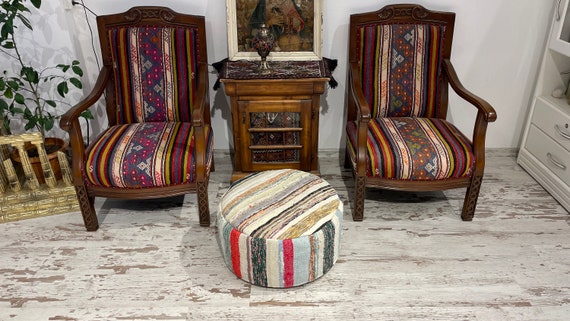Striped round ottoman deals