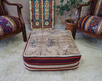 Ręcznie robiony wełniany puf kilim: kwadratowy puf boho, 24 x 24 cale