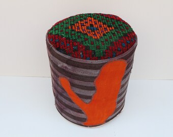 Handmade Kilim Pouf Ottoman, Wool Footstool, Vintage Floor Pillow (45x45 CM)