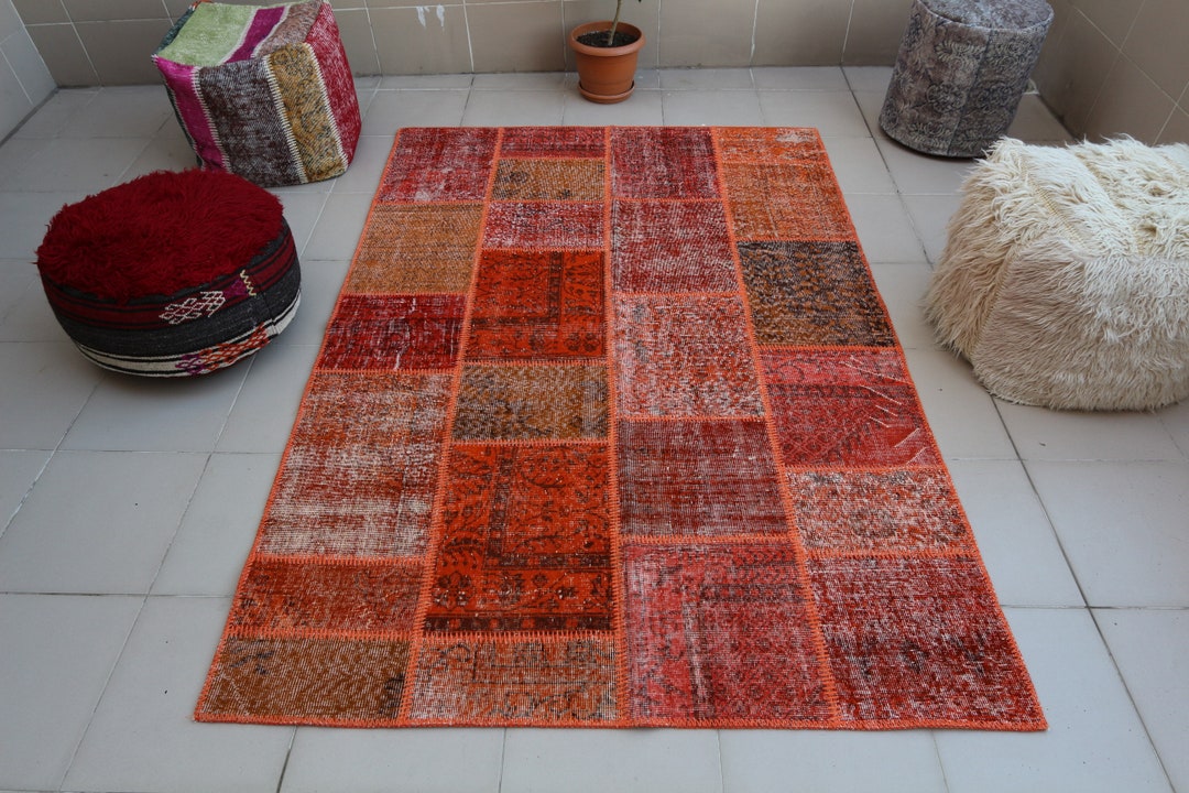 Patchwork Modern Decorative Handmade Orange Wool Turkish Vintage Rug ...