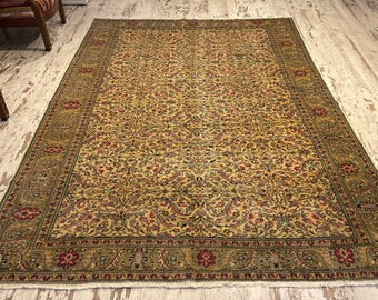 7x10 Vintage Turkish Rug, Floral Beige Wool Hand-Knitted Rug
