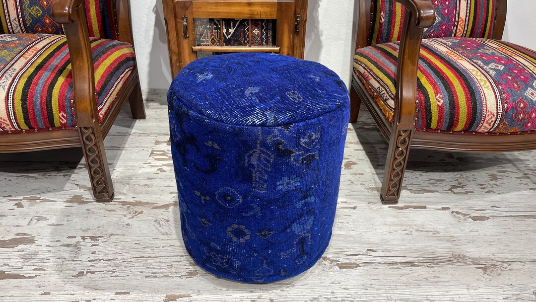 Dark Blue Vintage Rug Round Pouf Chair Ottoman Luxury Rustic Gothic Bohemian Decor Pouf Wool