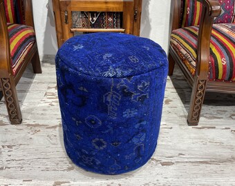 dark blue vintage rug round pouf chair ottoman luxury rustic gothic bohemian decor pouf wool Turkish handmade rug pouf 18x18 inches pouf