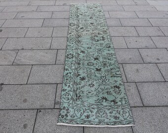 Gray Wool Runner Rug, Handmade Vintage Turkish Carpet (8'9"x2'5")