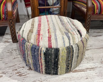 Handmade Striped Cotton Ottoman Pouf: Turkish Floor Pillow Footstool