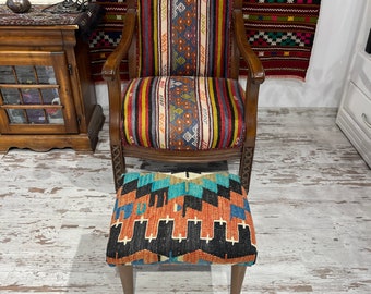 Handmade Kilim Rug Ottoman: Vintage Rustic Foot Stool, Wooden Table