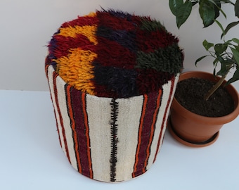 Hand Knotted Wool Ottoman Pouf, Vintage Rug Decor (18x18x18 Inches)