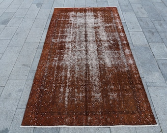 Handmade Brown Turkish Wool Rug, Distressed Vintage Style, 9'1" x 5'4"