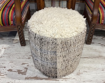 Handmade Wool & Cotton Kilim Pouf Ottoman - Round Foot Stool