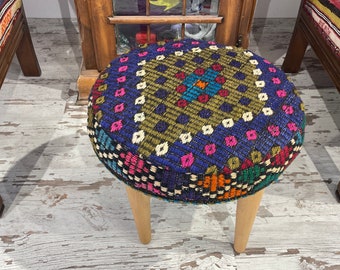 Handmade Kilim Rug Ottoman Foot Stool, Removable Wooden Feet