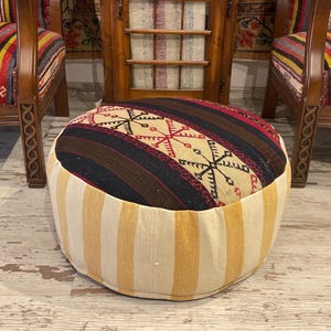 handmade vintage triditional ottoman pouf foot stool modern contemporary rustic hand embroidery wool and cotton pouf cover