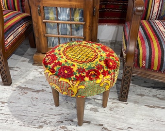 Handmade Vintage Velvet Ottoman Pouf - Bohemian Foot Stool, Wooden Legs