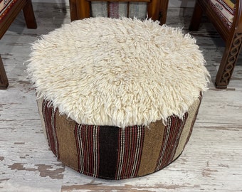 Handmade Wool Shaggy Ottoman Pouf - Round Foot Stool, 24x10