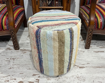 Handmade Cotton Pouf Ottoman Cover, Colorful Crochet Chair (18x18 inches)