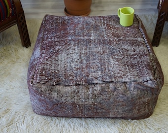 Vintage Wool Square Pouf Ottoman: Turkish Anatolian Rug Floor Pillow
