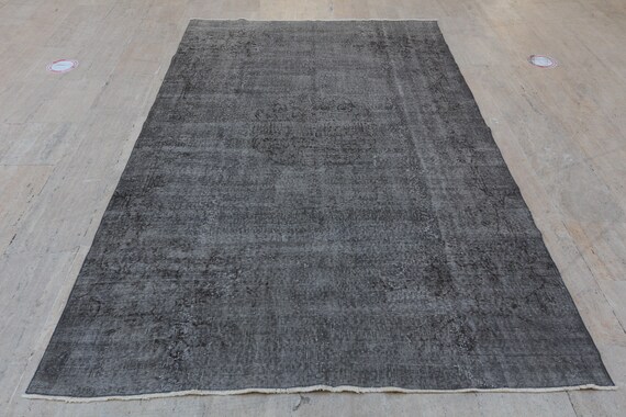 Overdyed Gray Wool Rug - Handmade Vintage Rustic Area Rug (9'8" X 6'3")