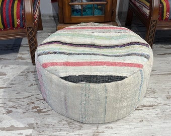 Handmade Striped Cotton Pouf Ottoman: Modern Floor Pillow, 24x10 Inches