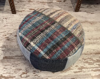 Ręcznie robiony patchworkowy kilim puf ottoman: wełna i bawełna, 24 x 24 cale