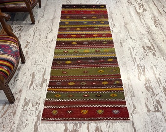 Handwoven Wool Runner Rug, Colorful Striped Bohemian Design (7.8x2.6 ft)