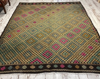Tapete Kilim turco vintage 7x9, tapete anatoliano de lã feito à mão