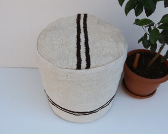 Hemp white pouf, Black and white pouf, Cotton pouf, Natural hemp pouf, Modern design pouf, Handmade pouf, Decorative pouf, Contemporary pouf