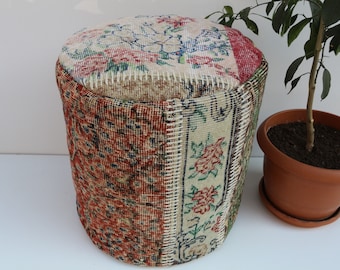 Handmade Wool & Cotton Ottoman Pouf, Bohemian Floor Pillow, 18x18x18 Inches