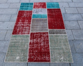 5x7 red gray blue vintage patchwork rug contemporary modern Turkish boho hand stitching patchwork rug for any decor and house rug 202X147 CM