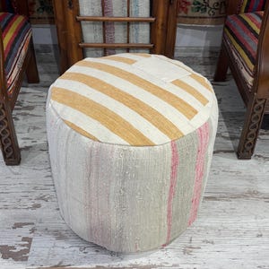 bohemian modern minimalist contemporary cotton ottoman pouf foot stool chair 100% natural wool and cotton material kilim rug pouf