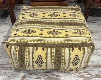 Kilim Design Ottoman Pouf: Turkish Floor Seat, Cotton Velvet (24x24x10 Inch)