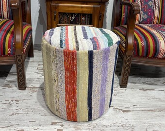 Cotton Pouf Cover, Colorful Handmade Ottoman Footstool (18x18 inches)