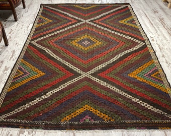 7x10 Vintage Turkish Kilim Rug, Colorful Tribal Wool Rug