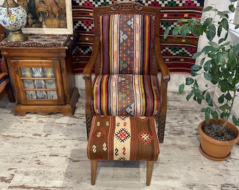 Handmade Kilim Rug Ottoman Foot Stool, Bohemian Rustic Decor