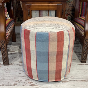 contemporary handmade ottoman round pouf chair foot stool vintage bohemian modern decor pouf natural wool and cotton material.