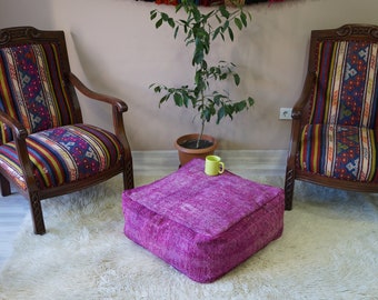 Vintage pink handmade bohemian eclectic pouf rustic modern floor stool pouf chair ottoman decorative Turkish rug pouf wool square pouf
