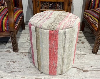 Handmade Cotton Pouf Cover, Colorful Ottoman Footstool (18x18 inches)