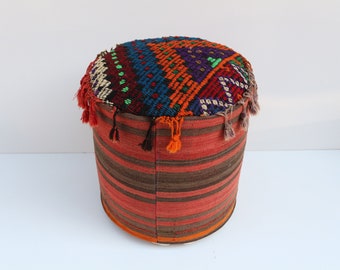 Handmade Turkish Kilim Pouf Cover, Rustic Wool Floor Cushion (45x45cm)