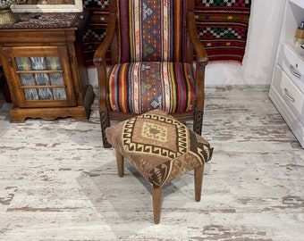 Handmade Vintage Kilim Rug Ottoman Footstool, Bohemian Decor