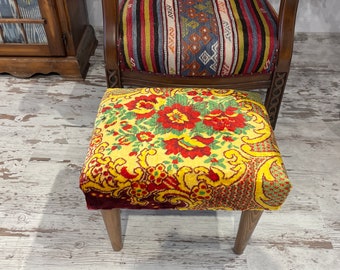 Handmade Kilim Ottoman Stool - Vintage Velvet Pouf, Rustic Decor
