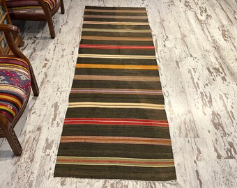 Striped Wool Kilim Runner Rug, 8.2x2.6 ft, Handwoven Hallway Rug