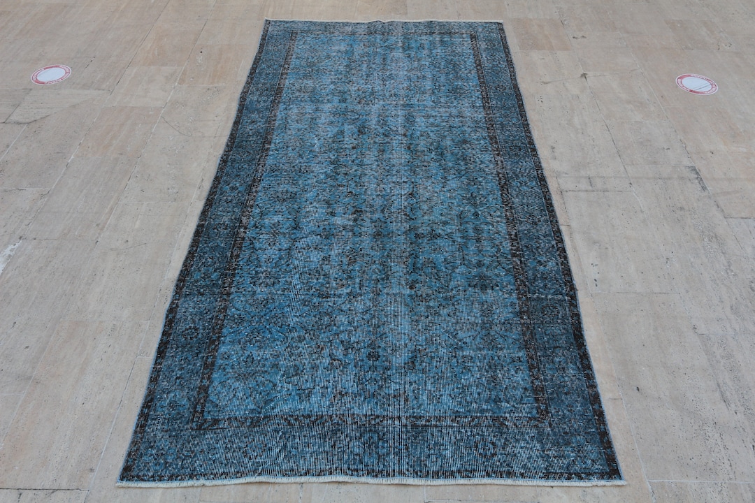 Turquoise Silk Ribbed Rug Handmade Turquoise Floral Rug, Vintage Turkish Wool (8'7