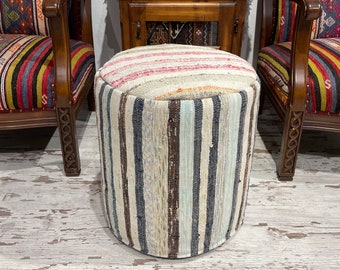 Handmade Colorful Cotton Pouf Ottoman, Crochet Footstool Cover (18x18 inches)