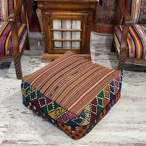 Square pouf ottoman square pouf kilim pouf raninbow pouf wool square pouf decorative pouf Vintage floor pouf ottoman square pouf cover