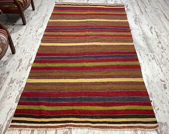 Striped Kilim Rug: Colorful Boho Turkish Wool Rug (9'4" X 4'7")