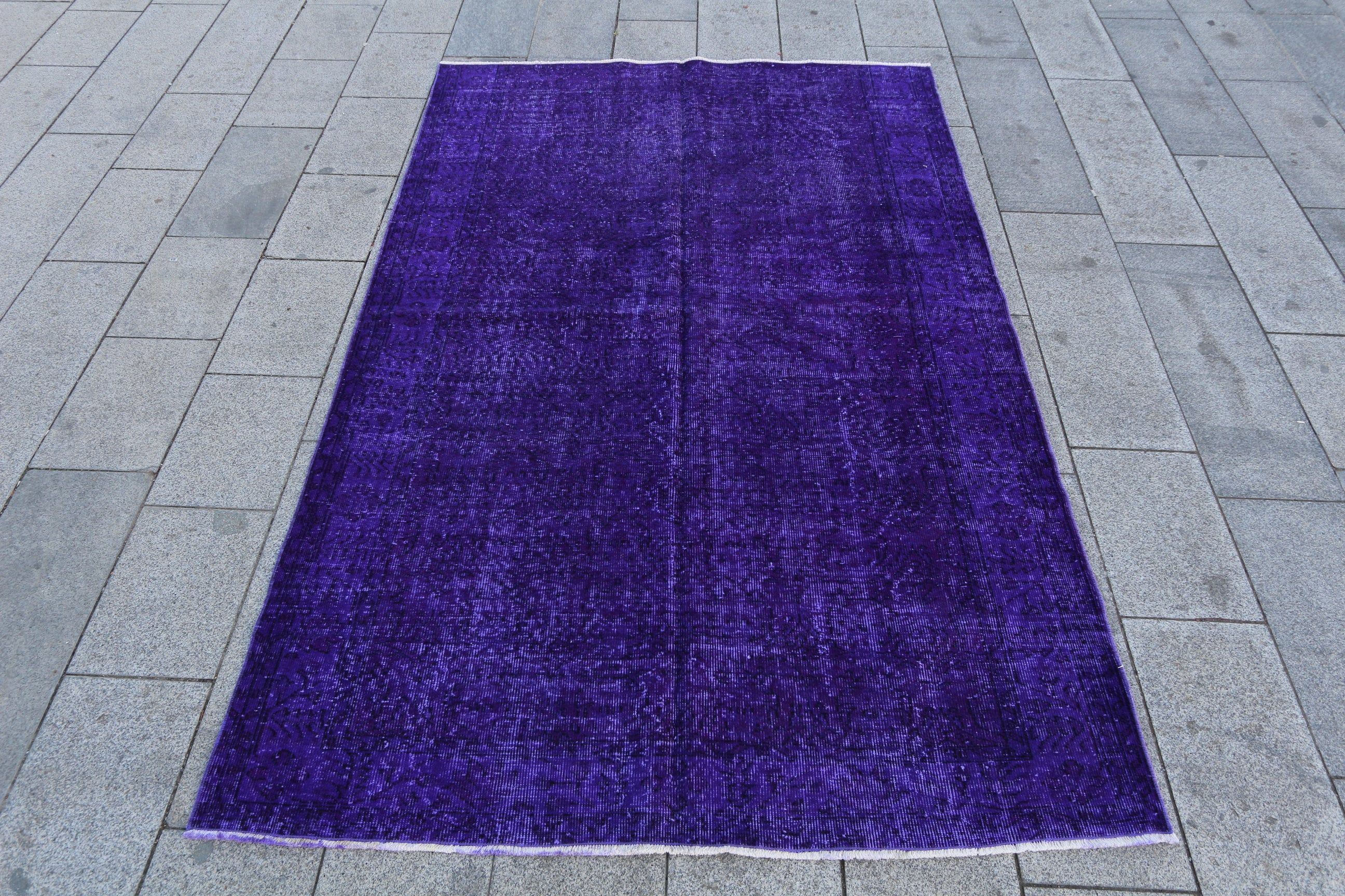 Handmade Vintage Purple Wool Rug Overdyed Abstract Carpet