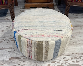 Round Cotton Ottoman Pouf Cover, Decorative Floor Pillow 24x10 Inches